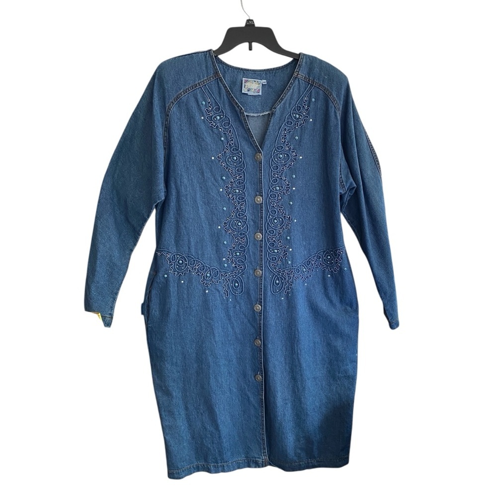 Vintage MONIQUE FASHIONS Denim Button Up Dress Embellished Hidden Pockets